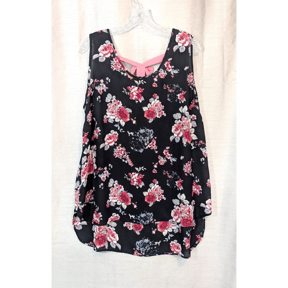 Liberty Love Women's Size 1XL Sleeveless Black Floral Blouse Ribbons Bows Lace
